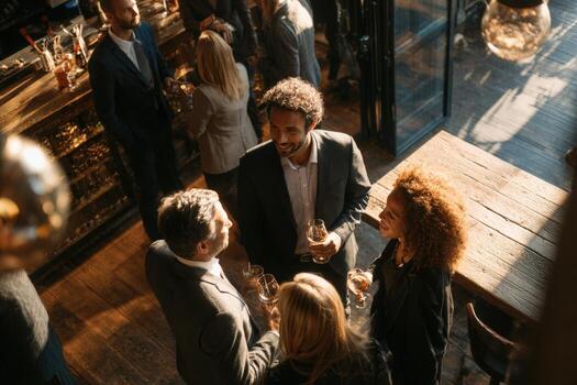 group-of-diverse-professionals-engaged-in-conversation-at-a-stylish-bar-enjoying-drinks-with-warm-lighting-and-a-lively-atmosphere-showcasing-social-interaction-and-networking-photo